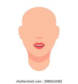 Mannequin, female head and neck. Plump red lips, mouth parted in a smile. No hair, no eyes. Vector illustration, flat minimal cartoon color design, isolated on white background, eps 10.