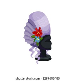 Mannequin female head with purple wig decorated with flowers. Hairstyle of renaissance period. Flat vector icon