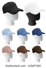 Mannequin heads with blank baseball cap template.