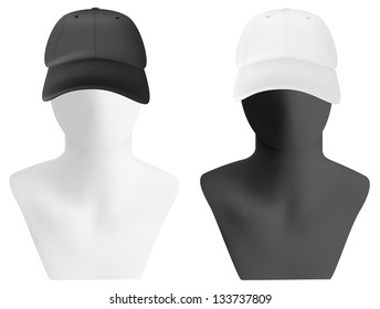 Mannequin heads with blank baseball cap template.