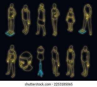 Mannequin icons set. Isometric set of mannequin vector icons neon color on black