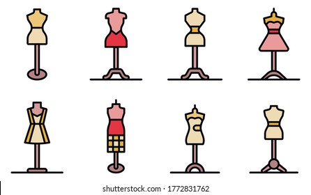 Mannequin icons set. Outline set of mannequin vector icons thin line color flat on white