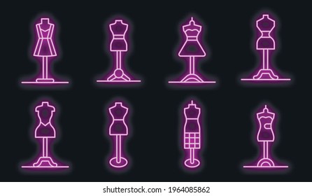 Mannequin icons set. Outline set of mannequin vector icons neon color on black
