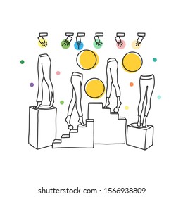 Mannequin legs in trousers, vector illustration. On pedestals are mannequins from half body. On plastic legs wearing pants and tights. From above showcase with clothes is lit by light bulbs.