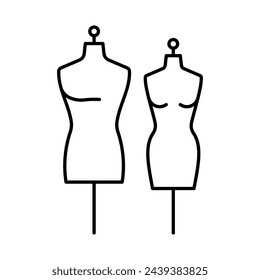 Mannequin, line icon. Tailors dummy, male and female figures. Manikin on pole, stand.  Tailoring, atelier, sew workshop, seamstress work. Minimalist linear illustration, editable strokes, thin line