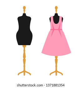 Mannequin Logotype, Poster, Card, Scrapbooking design. Vector flat illustration. Atelier, sewing, dressmaker icon.