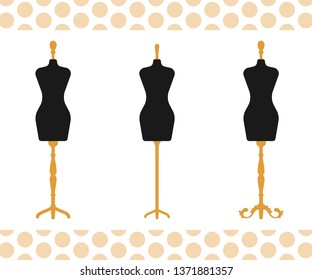 Mannequin Logotype, Poster, Card, Scrapbooking design. Vector flat illustration. Atelier, sewing, dressmaker icon.