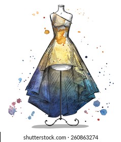 Mannequin with a long dress. Fashion illustration.