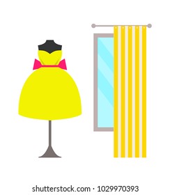Mannequin in lush bright yellow dress with big pink bow and fitting room with curtain isolated cartoon flat vector illustrations on white background.