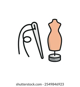 Manequim e agulha e conjunto de linhas alfaiate e ícone da moda vetor projeto básico simples e moderno conceito gráfico