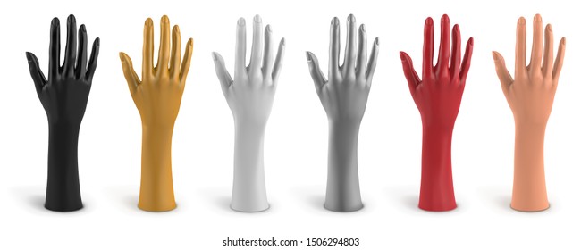 Mannequin of plastic female hand white, black, gold, silver, red, beige color. Jewelry holder. Back of a palm. Vector 3d realistic illustration on a white background.