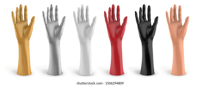 Mannequin of plastic female hand white, black, gold, silver, red, beige color. Jewelry holder. Palm of hand. Vector 3d realistic illustration on a white background.