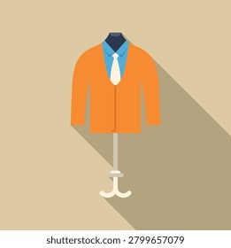 Mannequin presenting formal wear featuring an orange jacket, blue shirt, and white tie