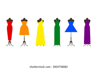 Mannequin with rainbow colored bright dress in women shop
