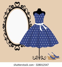 mannequin and retro blue dress and a mirror