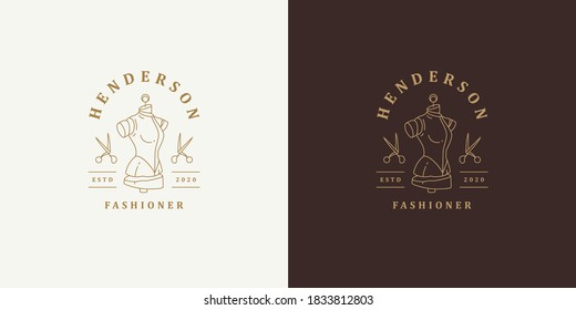Mannequin and scissors logo template linear vector illustration. Golden line art scissors with dummy elegant silhouette for professional tailoring industry. Good for tailor logotype or atelier emblem.
