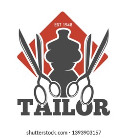 Mannequin and scissors tailor service or atelier isolated icon vector dummy and cutting tool emblem or logo clothes repairing and creation designer handmade clothing shop or store garments repairment