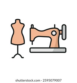 Mannequin and sewing machine tailor and fashion icon symbolizes precision and creativity, perfect for dressmaking, tailoring, sewing, and fashion design.