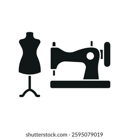 Mannequin and sewing machine tailor and fashion icon symbolizes precision and creativity, perfect for dressmaking, tailoring, sewing, and fashion design.