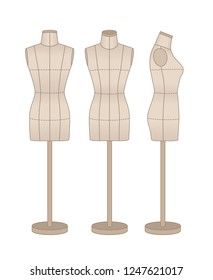 Mannequin for sewing and modeling, front, back and side view.