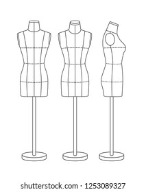 Mannequin for sewing and modeling, front, back and side. Black outline.