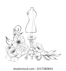 Suporte de manequim para alfaiataria e design de moda com flores e fita para logotipo, cartão postal, tecido, impressão. Produção costureira para moda em estilo retro, vintage. Linha gráfica vetorial, mão