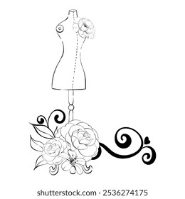 Mannequin Stand for Tailoring and Fashion Design with flowers for logo, postcard, fabric, printing. Dressmaker production for fashion in retro, vintage style. Graphic vector line, hand drawn, black