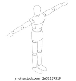 A Mannequin is standing in a white background with his arms outstretched. The image is a simple drawing of a man in a pose, with no other details or context provided. Isometric view