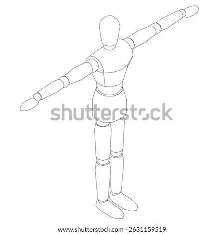 A Mannequin is standing in a white background with his arms outstretched. The image is a simple drawing of a man in a pose, with no other details or context provided. Isometric view