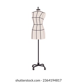 Mannequin, tailors dummy. Fabric women figure on rolling base, wheels. Female body shape, torso. Manikin on stand. Sewing dressmaking manequin. Flat vector illustration isolated on white background