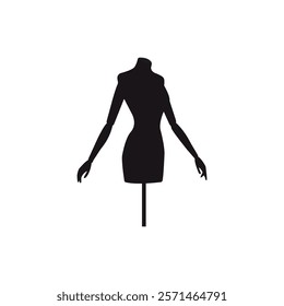 Mannequin vector icon logo silhouette: black mannequin for Clothing Stores, fashion showrooms. Female dummy dress mannequin, Tailoring Studios mannequin, clothing hanger design for stylish branding.