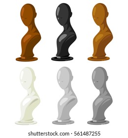 Mannequin vector set in different colors. Fashion accessory store model for jewelry, wigs, hats, glasses, etc. Cartoon illustration isolated on white background.