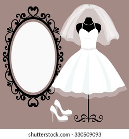 mannequin and wedding dress and a mirror