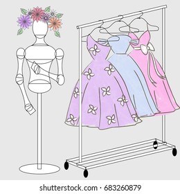 Mannequin with wraeth and rack with dresses in watercolor style 