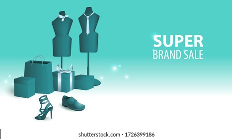 Mannequins and Fashion items on a green background. Super brand sale advertising design for promotional banner, leaflet, poster and etc. Vector illustration.