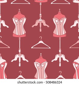 Mannequins and hangers icons hand drawn seamless pattern. Colorful background with designer accessories. Decorative wallpaper, good for printing. Woman and fashion, illustration design