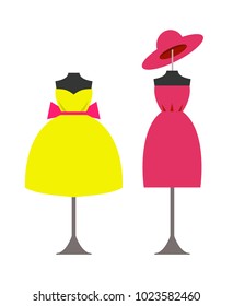Mannequins in modern fashionable yellow gown with big bow and pink dress with elegant hat isolated cartoon vector illustrations on white background.