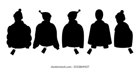 Mannequins portraits in clothing and hats with price tags. Isolated silhouette black drawing. Holiday seasonal sale, shopping. Vector illustration