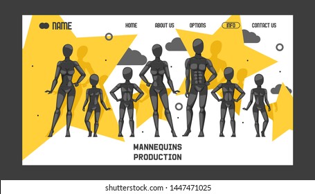 Mannequins production banner web design vector illustration. Fashion clothing store, shop window. Different poses and colurs fashion female male and children full body mannequins collection.