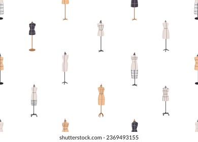 Mannequins, seamless pattern. Manikins, endless background. Fashion dummies, repeating sewing atelier print. Manequins, printable texture design. Repeatable flat vector illustration for textile