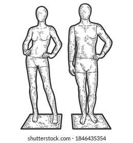Mannequins for a showcase of a clothing store. Engraving vector illustration.