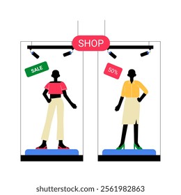 Mannequins In Store Display With Sale Tags In Flat Vector Illustration Symbolizing Fashion Retail, Discounts, And Shopping, Isolated On White Background