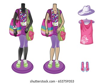 Mannequins with trendy wardrobe set. Vector illustration