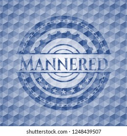 Mannered blue badge with geometric background.