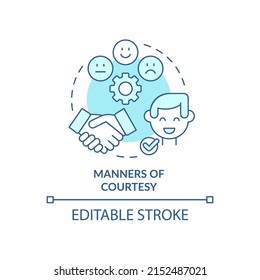 Manners of courtesy turquoise concept icon. Social norms. Etiquette category abstract idea thin line illustration. Isolated outline drawing. Editable stroke. Arial, Myriad Pro-Bold fonts used