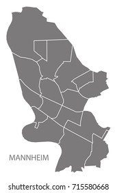 Mannheim city map with boroughs grey illustration silhouette shape