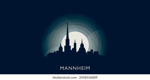 Mannheim cityscape skyline city panorama vector flat modern banner illustration. Germany town emblem idea with landmarks and building silhouettes at sunrise sunset night