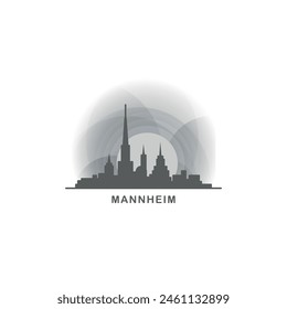 Mannheim cityscape skyline city panorama vector flat logo, modern icon. Germany landmarks and building silhouettes, isolated clipart at sunset, sunrise, night grey
