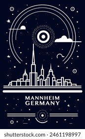 Mannheim, Germany city creative poster with abstract thin line cityscape and skyline. Chalkboard style vector black and white illustration, vertical graphic