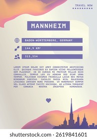 Mannheim, Germany vector infographics, brochure layout. Guide, leaflet, flyer, advertising graphic template with text, information, city skyline shape. Page, festival, cover mock up image